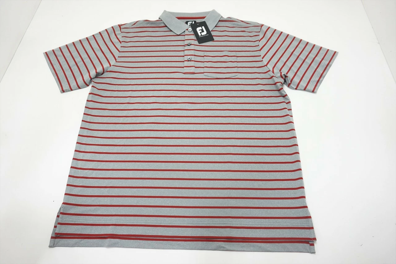 New FootJoy Golf Nautical Stripe Clear Pocket Polo Mens Large Grey/Merlot 600A