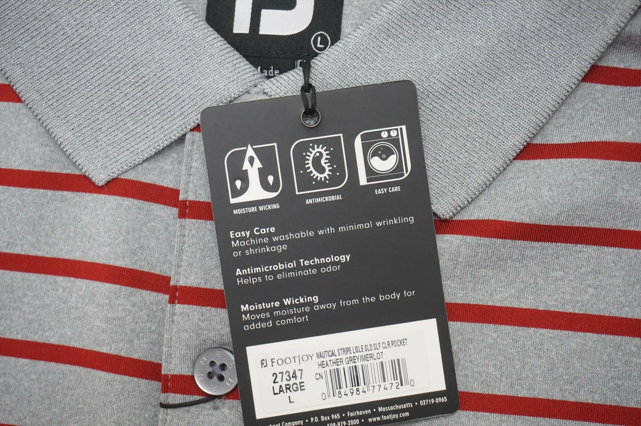 New FootJoy Golf Nautical Stripe Clear Pocket Polo Mens Large Grey/Merlot 600A - Image 2