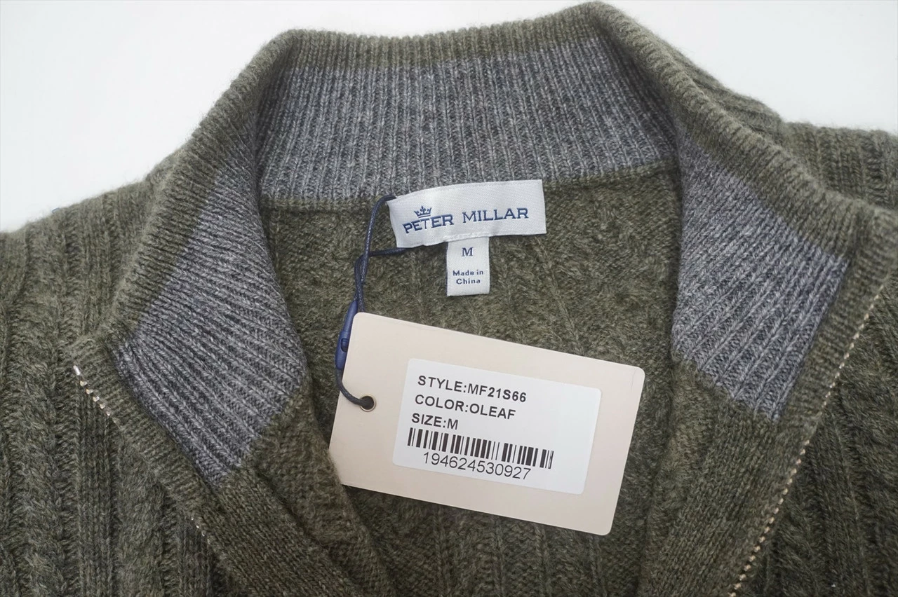 New Peter Millar Golf Cable 1/4 Zip Sweater Mens Medium Olive Leaf 629B - Image 2