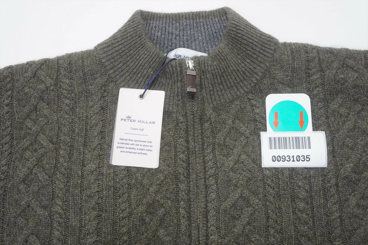 New Peter Millar Golf Cable 1/4 Zip Sweater Mens Medium Olive Leaf 629B - Image 5